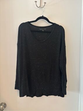 American Eagle Oversized Black Ribbed V-Neck Sweater with White Flecks
